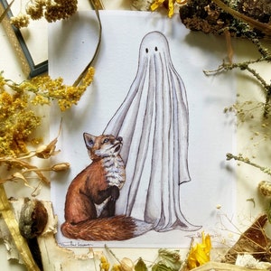 Fox and Ghost, Art Prints, Halloween Art, Ghost Art, Fox Art, Watercolor Painting, Sheet Ghosts, Autumn Decor, Cute Animal, Best Friends