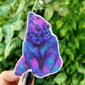 May include: A sticker of a purple and blue bear with a galaxy pattern. The bear is sitting up and looking up at the sky.