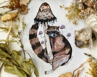 Raccoon and Mushrooms, Art Prints, Raccoon Art, Nature Decor, Mushroom Art, Raccoon Gifts, Animal Prints, Cottagecore, Cute Wall Art