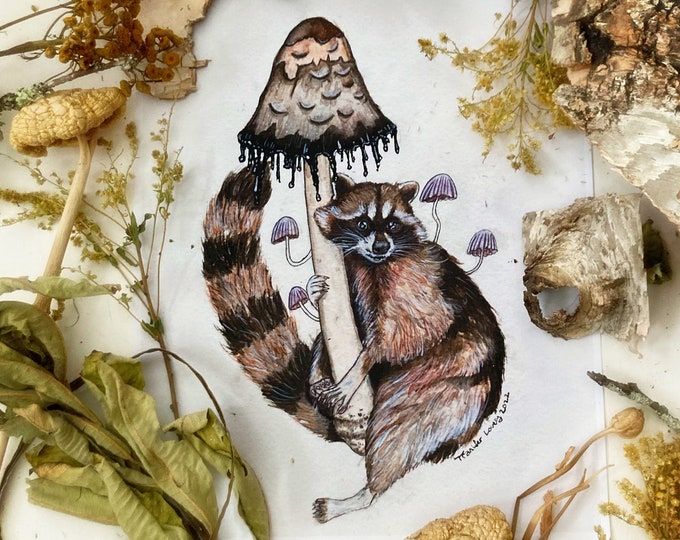 Raccoon and Mushrooms, Art Prints, Raccoon Art, Nature Decor, Mushroom Art, Raccoon Gifts, Animal Prints, Cottagecore, Cute Wall Art