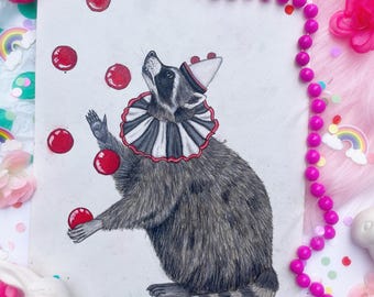Clown Raccoon Original Watercolor Painting