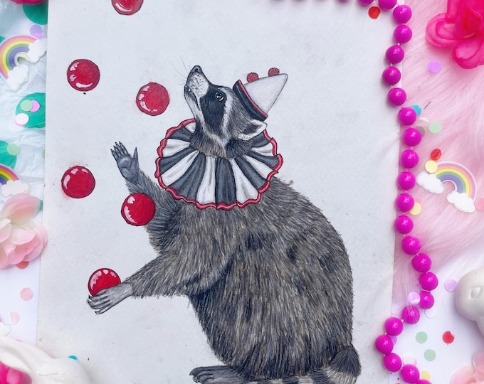 Clown Raccoon Original Watercolor Painting
