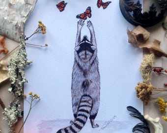 Raccoon and Butterflies Prints