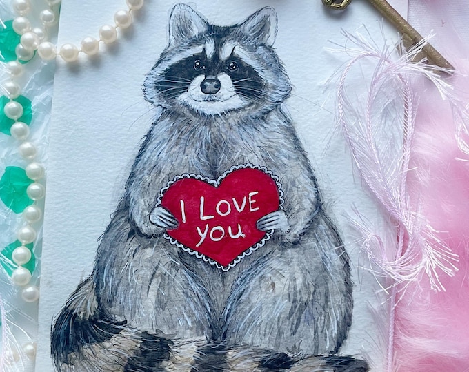 Valentine Raccoon, Original Painting, Watercolor Painting, Cute Animal Decor, Valentine's Day Gifts, Trash Panda, Ready to Frame Wall Art
