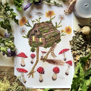 Baba Yaga House, Art Prints, Witch Art, Folklore Art, Fairytale Art, Watercolor Painting, Witch Painting, Baba Yaga Art, Cottagecore Art