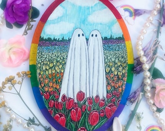 Love Ghosts, Original Painting, Rainbow Art, Tulip Painting, Ghost Art, Halloween Decor, Wood Painting, Romance Art, Floral Art, Landscapes