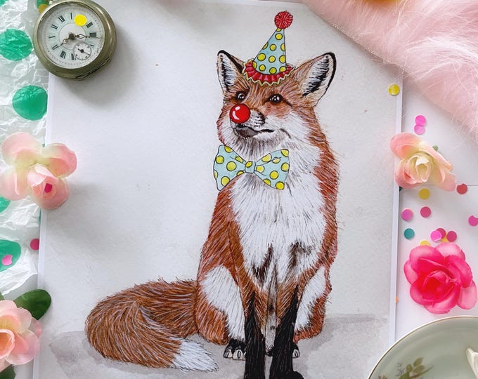 Clown Fox, Art Prints, Watercolor Painting, Cute Fox Art, Whimsical Home Decor, Animal Prints, Clowncore, Circus Wall Art, 4x6 5x7 8x10