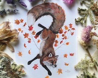 Autumn Fox, Art Prints, Fox Art , Watercolor Painting, Red Fox Art, Autumn Art, Maple Leaves, Fox Wall Art, Fox Lovers Gift, Woodland Art