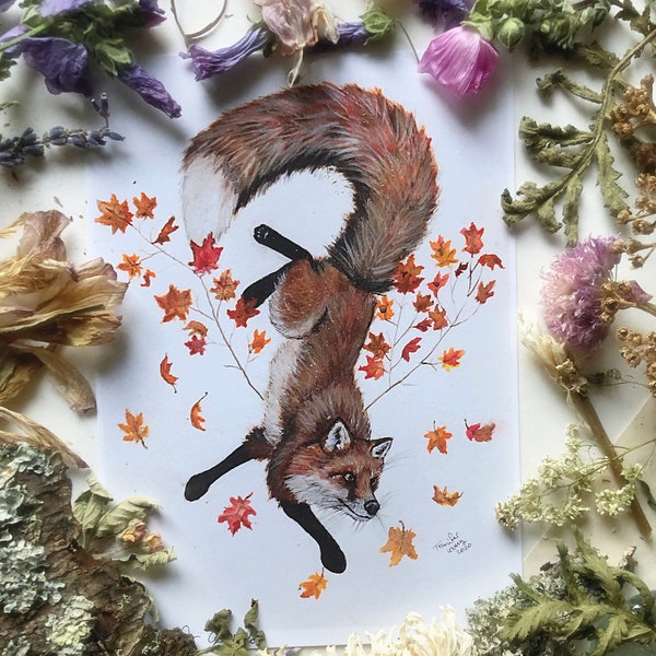 Autumn Fox, Art Prints, Fox Art , Watercolor Painting, Red Fox Art, Autumn Art, Maple Leaves, Fox Wall Art, Fox Lovers Gift, Woodland Art