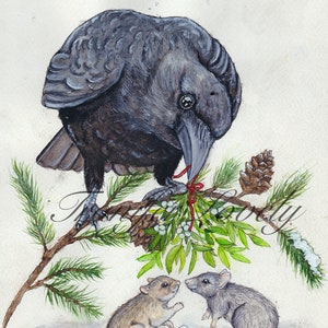 May include: A black crow perches on a branch of a pine tree, holding a sprig of mistletoe with a red ribbon. Two small brown and gray mice stand on the ground below, looking up at the crow.