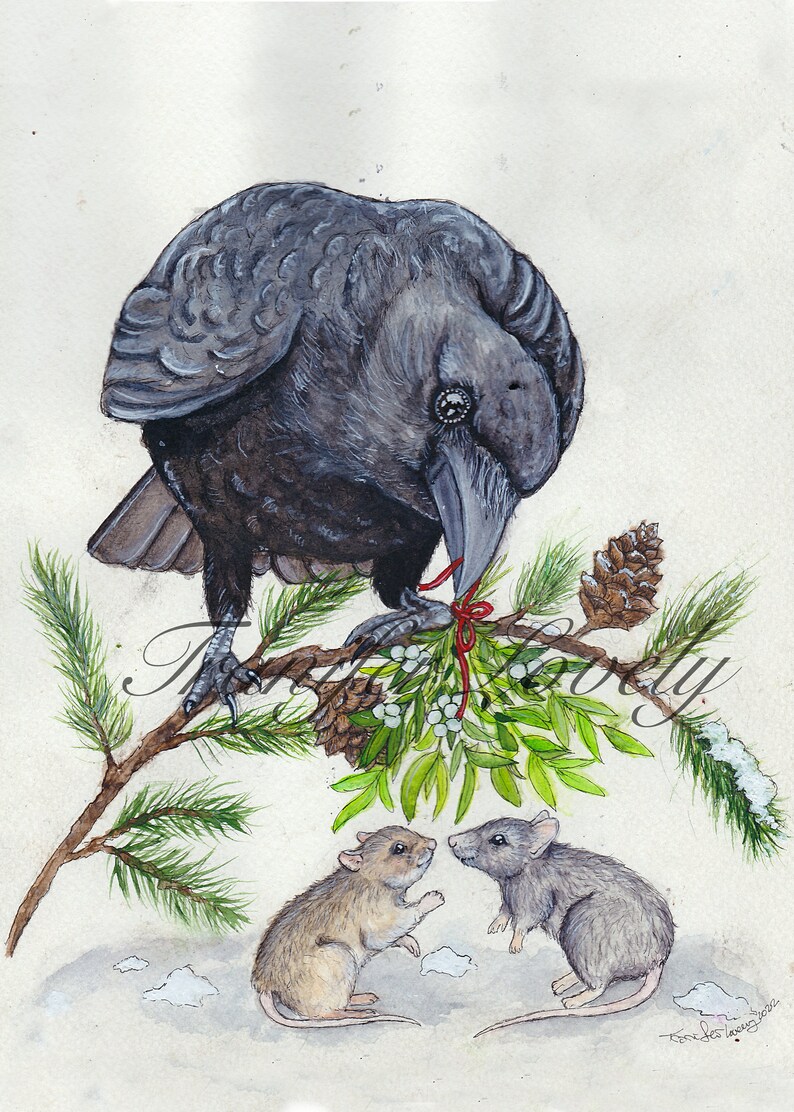 May include: A black crow perches on a branch of a pine tree, holding a sprig of mistletoe with a red ribbon. Two small brown and gray mice stand on the ground below, looking up at the crow.