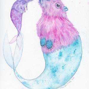 May include: Watercolor painting of a pink capybara mermaid with a blue tail and a purple rat mermaid with a blue tail. The capybara is looking at the rat. The painting is signed "T.Sani  the Lovely 2020".