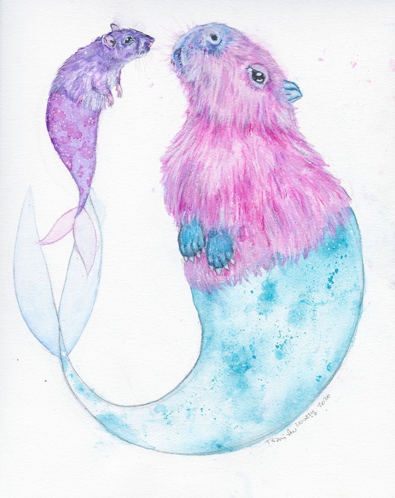 May include: Watercolor painting of a pink capybara mermaid with a blue tail and a purple rat mermaid with a blue tail. The capybara is looking at the rat. The painting is signed "T.Sani  the Lovely 2020".