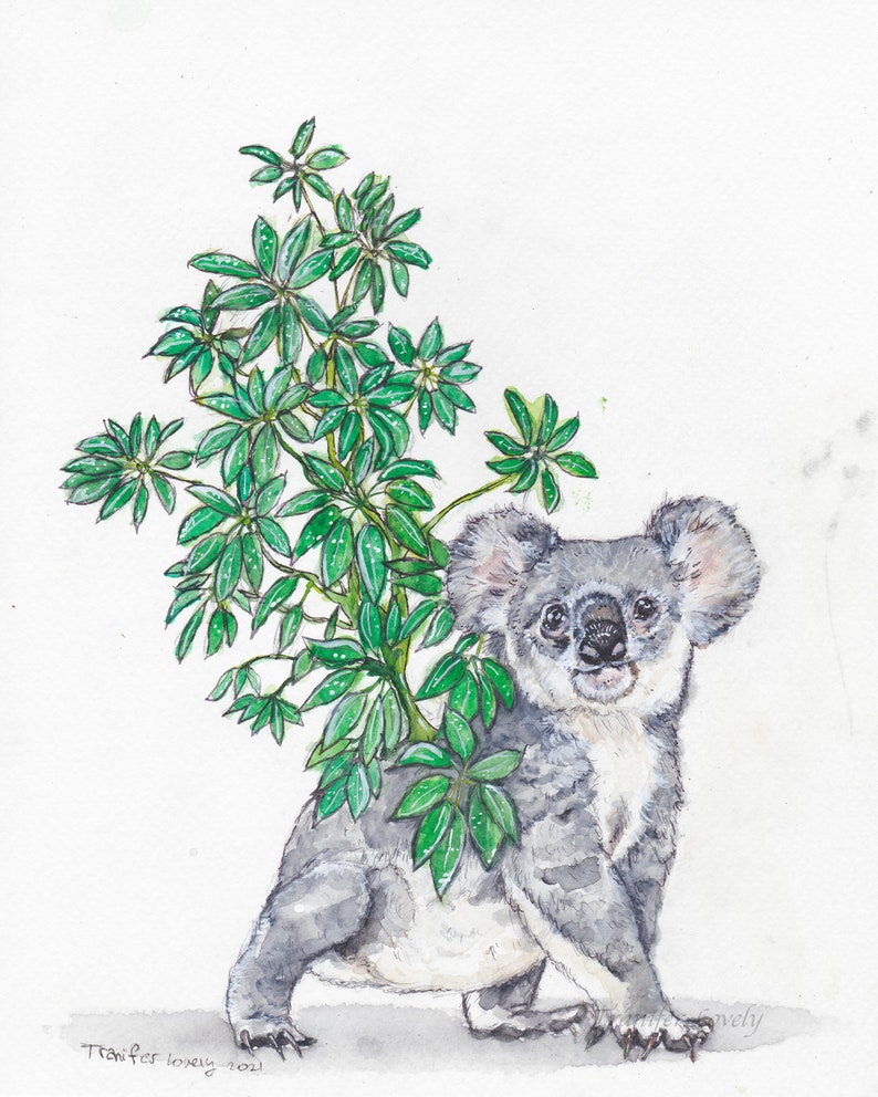 Może przedstawiać: Aquarela przedstawiająca koalę stojącą na tylnych łapach, z zieloną, liściastą rośliną rosnącą z jej plec&oacute;w. Koala patrzy bezpośrednio na widza z przyjaznym wyrazem twarzy. Obraz jest podpisany "Transfer lovely 2021" w lewym dolnym rogu.