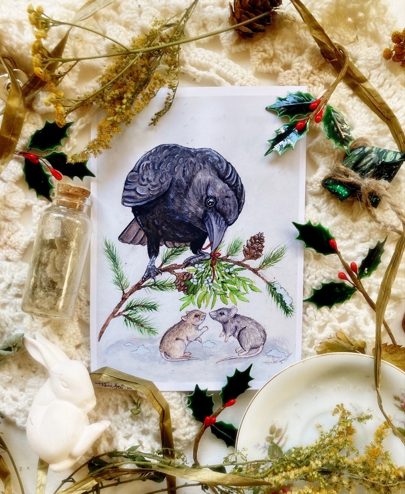 May include: A watercolor illustration of a black crow perched on a branch with red berries. Two small gray mice are on the ground below the crow, looking at each other. The illustration is on a white background with a handwritten signature in the bottom left corner.