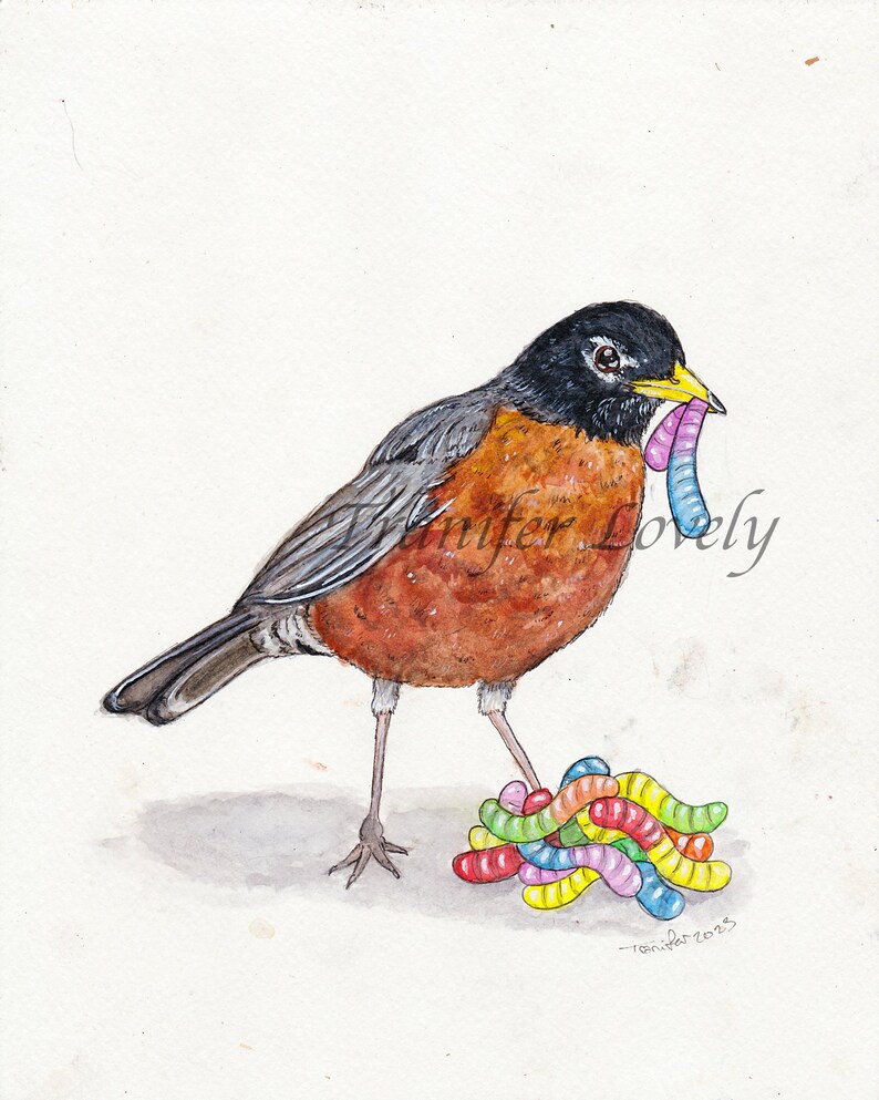Whimsy Robin Robin and Gummy Worms Art Print, Cute Art, Bird Lover Gifts, Animal ...
