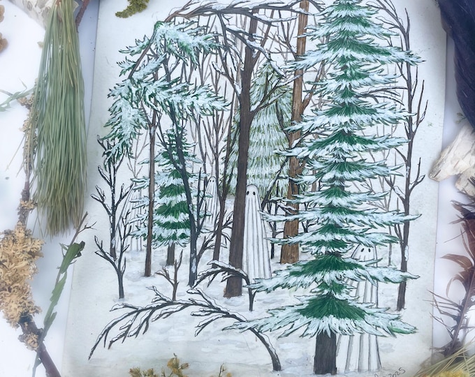 Haunted Winter Forest - Original Watercolor Painting - Snowy Landscape Sheet Ghosts