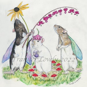 May include: Three white rats with fairy wings are holding flowers. The rat on the left is holding a yellow flower with a brown center. The rat in the middle is holding a pink flower and a purple flower. The rat on the right is looking up at a pink bleeding heart flower. The rats are standing on a green grassy surface with red mushrooms.