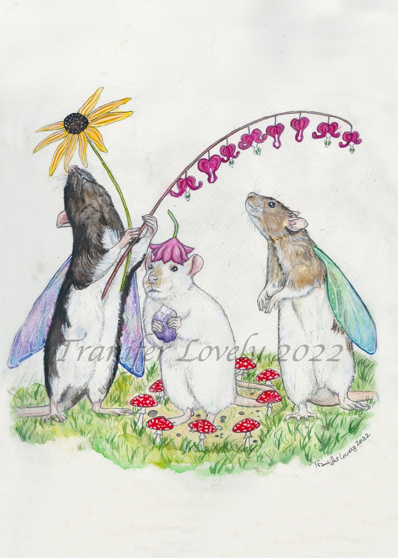 May include: Three white rats with fairy wings are holding flowers. The rat on the left is holding a yellow flower with a brown center. The rat in the middle is holding a pink flower and a purple flower. The rat on the right is looking up at a pink bleeding heart flower. The rats are standing on a green grassy surface with red mushrooms.