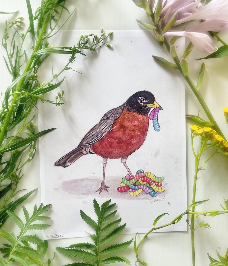 Whimsy Robin Robin and Gummy Worms Art Print, Cute Art, Bird Lover Gifts, Animal ...