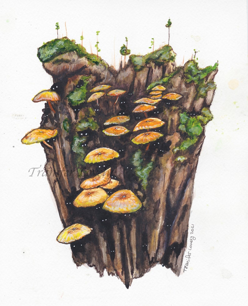 Cottagecore Art Forest Art Mushrooms Witch Art Fairy Garden Original Watercolor Mushroom Tree Spirits Whimsical Woodland Nature Art