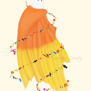 May include: A white ghost wearing an orange, yellow, and white candy corn costume. The ghost is surrounded by a trail of colorful candy, including lollipops, candy canes, and chocolate bars. The text "Tranifer Lovely" is written in the lower right corner of the image.