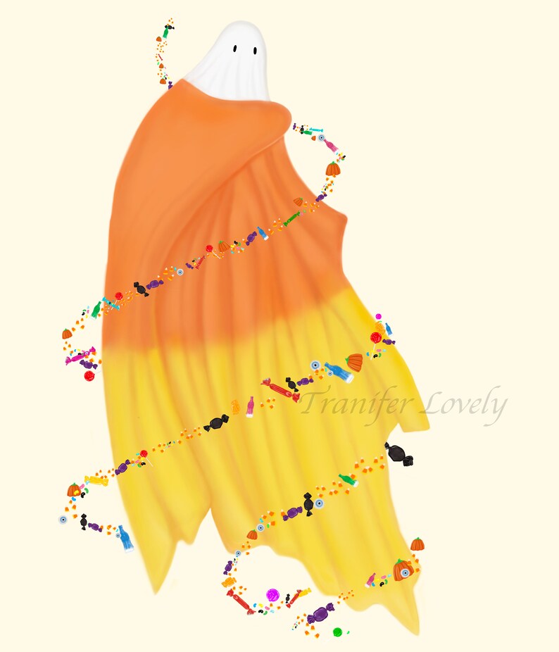 May include: A white ghost wearing an orange, yellow, and white candy corn costume. The ghost is surrounded by a trail of colorful candy, including lollipops, candy canes, and chocolate bars. The text "Tranifer Lovely" is written in the lower right corner of the image.