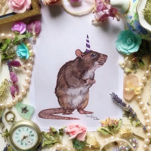 Unicorn Rat, Rat Print, Unicorn Art, Rat Watercolor Painting, Animal Nursery Art, Rat Art Print, Rat Art, Cute Animal Art, Rat Lover Gift