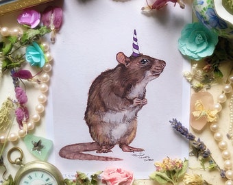 Unicorn Rat, Rat Print, Unicorn Art, Rat Watercolor Painting, Animal Nursery Art, Rat Art Print, Rat Art, Cute Animal Art, Rat Lover Gift