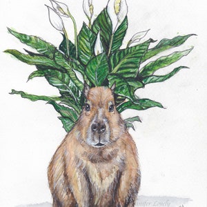 May include: A watercolor painting of a capybara sitting with a peace lily plant growing out of its head. The capybara is brown and has a white muzzle. The peace lily has white flowers and green leaves.