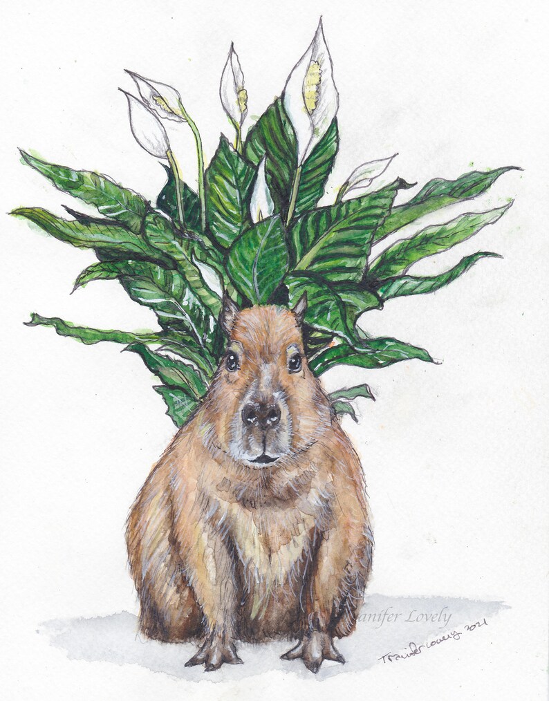 May include: A watercolor painting of a capybara sitting with a peace lily plant growing out of its head. The capybara is brown and has a white muzzle. The peace lily has white flowers and green leaves.