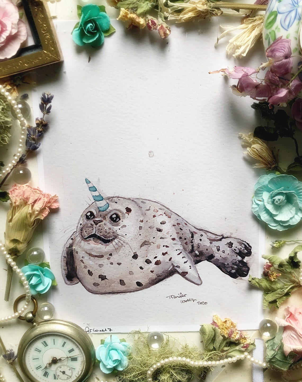 Unicorn Seal Print Fun Fantasy Animal Art Watercolor Etsy