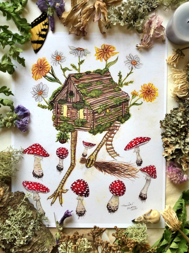 May include: A watercolor painting of a whimsical house with a mossy roof and wooden walls, perched on spindly legs with a broom resting on the ground. The house is surrounded by white and yellow flowers, and red and white mushrooms.
