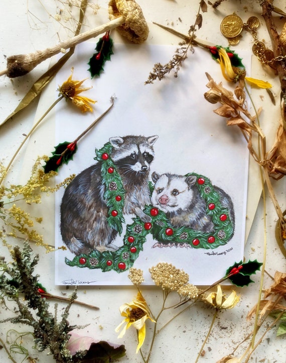 Trash the Halls, Art Prints, Christmas Art, Holiday Decor, Possum Art, Opossum Gifts, Raccoon Art, Christmas Decor, Animal Prints, Wall Art