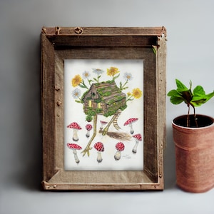 May include: A watercolor illustration of a small wooden house with a green roof and windows, standing on two legs with a broom in its hand. The house is surrounded by white and yellow flowers and red mushrooms.