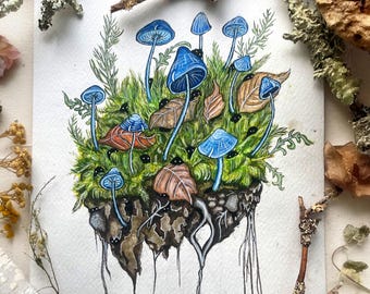 Blue Mushroom Spirits, Original Painting, Watercolor Painting, Mushroom Art, Witch Art, Whimsical Woodland, Nature Decor, Cottagecore Decor