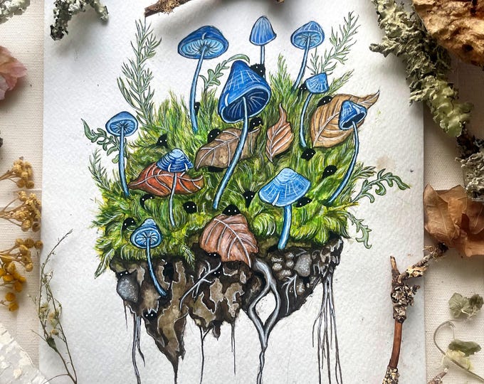 Blue Mushroom Spirits, Original Painting, Watercolor Painting, Mushroom Art, Witch Art, Whimsical Woodland, Nature Decor, Cottagecore Decor