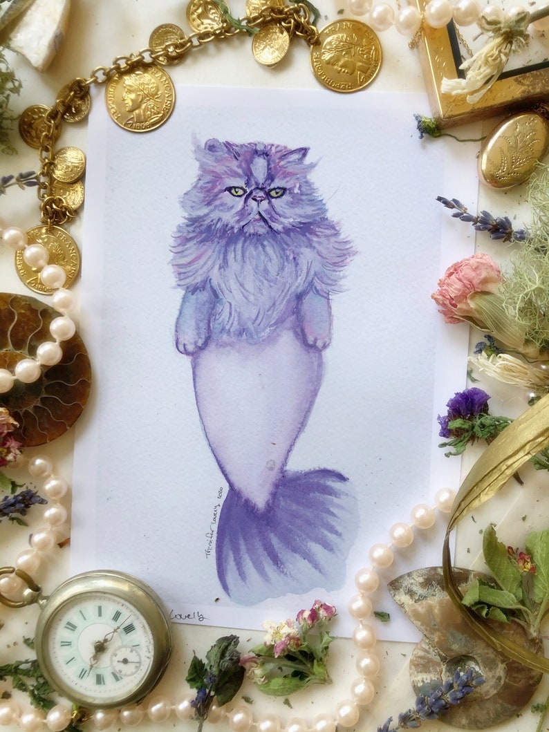 Whimsical Art Mermaid Watercolor Mermaid Cat Print Cute Cat Art Art Print Cat Wall Art Cat Watercolor Cat Art Cute Wall Art,