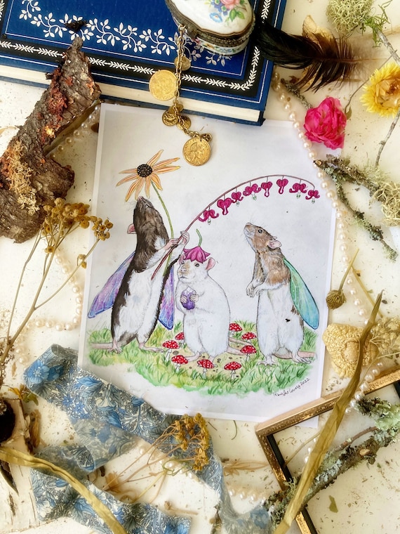 Fairy Rats Print, Fairy Art, Rat Lover Gifts, Rat Home Decor, Fairy Wall Art, Mushroom Art, Cute Animal Art, Art Prints, Whimsical Nursery