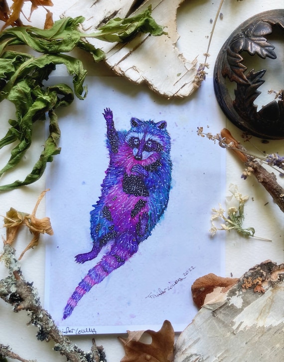 Galaxy Raccoon, Art Prints, Galaxy Painting, Raccoon Art, Cute Animal Decor, Raccoon Nursery, 5x7, 8x10, Celestial Art, Animal Prints