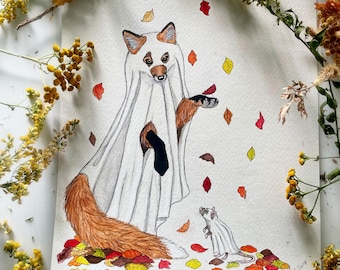 Halloween Critters, Original Painting, Ghost Art,  Red Fox Art, Watercolor Painting, Cute Animal Art, Best Friends, Halloween Wall Decor