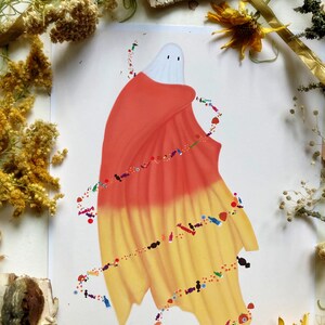 May include: A white ghost wearing a candy corn costume with a trail of colorful candy behind it.