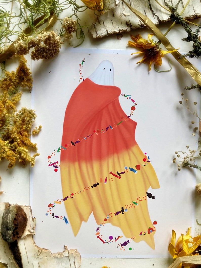 May include: A white ghost wearing a candy corn costume with a trail of colorful candy behind it.