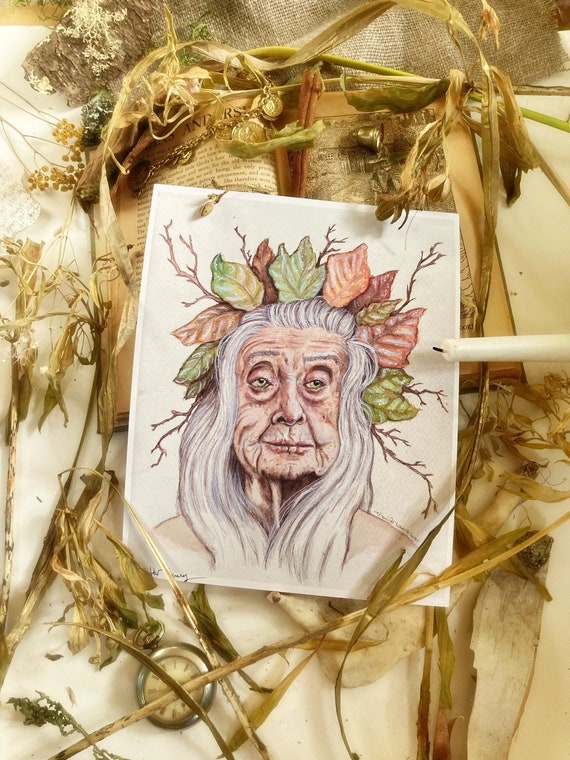 The Crone, Art Prints, Witch Art, Folklore Art, Green Witch, Watercolor Painting, Witch Decor, Baba Yaga Art, Cottagecore Art, Pagan Art