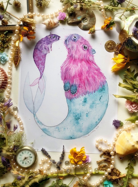 Mermaid Rodents, Art Prints, Capybara art, Rat Art, Cute Mermaid Art, Mermaid Wall Art, Mermaid Nursery Art, Mermaid Animal Art, Capybaras