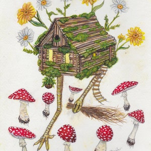 May include: A watercolor painting of a whimsical house with a mossy roof and wooden walls, perched on spindly legs with a broom and ladder. The house is surrounded by white and yellow flowers, and red and white mushrooms.