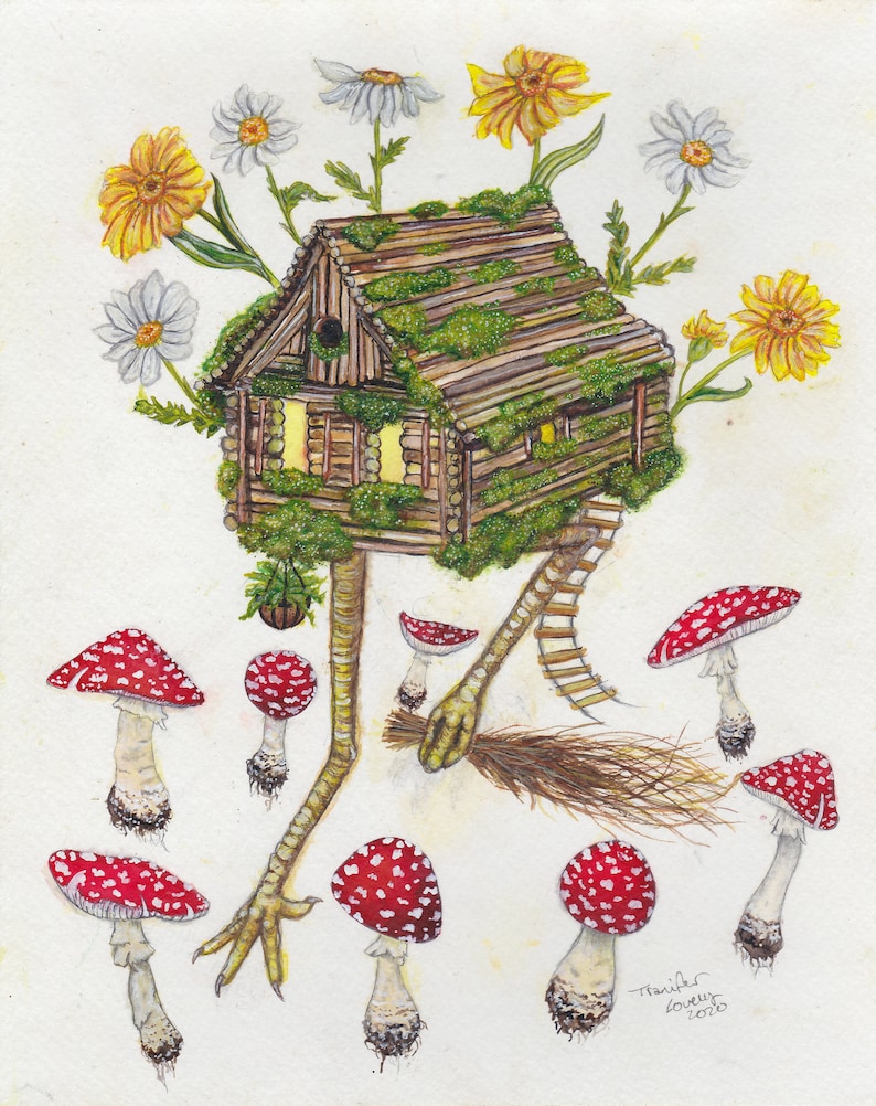 May include: A watercolor painting of a whimsical house with a mossy roof and wooden walls, perched on spindly legs with a broom and ladder. The house is surrounded by white and yellow flowers, and red and white mushrooms.