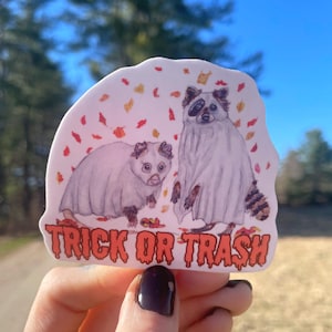 Trick or Trash Stickers, Opossum and Raccoon Art, Halloween Stickers, Cute Animal Art, Trash Gang, Funny Animal Stickers, Ghost Art, Possums