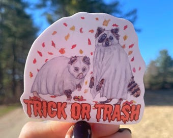 Trick or Trash Stickers, Opossum and Raccoon Art, Halloween Stickers, Cute Animal Art, Trash Gang, Funny Animal Stickers, Ghost Art, Possums