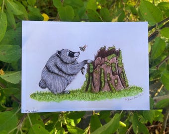 アライグマのジモシーのアートプリント、かわいい動物アート、森の生き物、未確認生物のホームデコレーション、動物好きへの面白いギフト